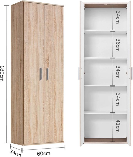 Hoge bruine kast met houten textuur, 60 x 180 cm. De open kast toont 5 planken met afmetingen.