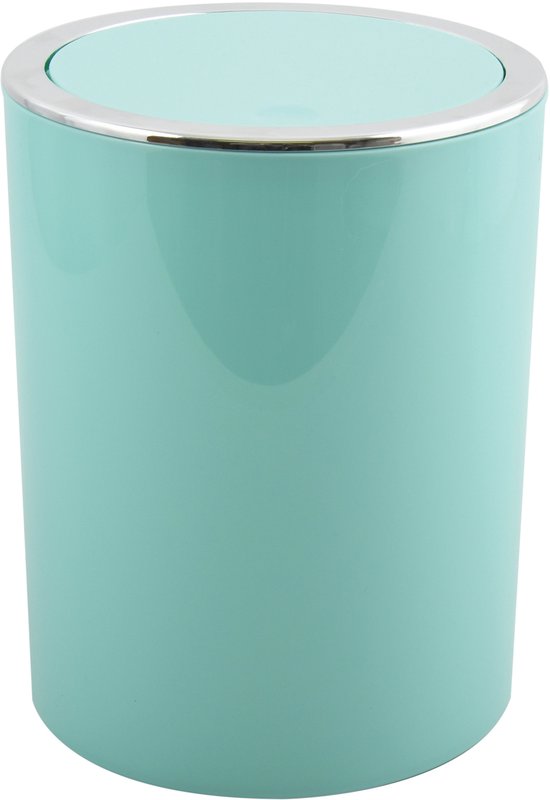 Zij-aanzicht van een gesloten, turquoise afvalbak met zilveren rand.