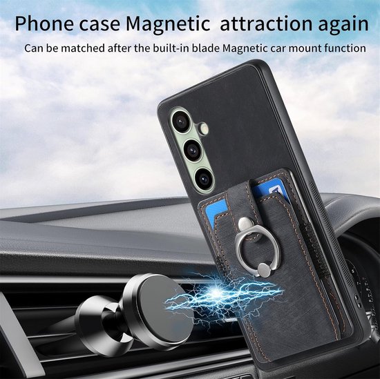 Zwarte telefoonhoes met ring en portemonnee in auto, magnetisch bevestigd.