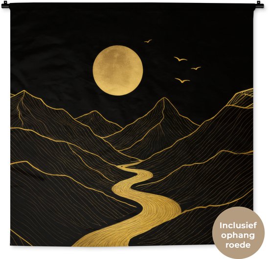 Tapisserie murale 120x120 cm - Motif rivière - Or - Lune - Vogels - Tapisseries