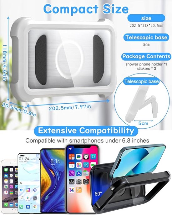 Support de téléphone pour la douche - rotatif à 480 degrés - Support de téléphone étanche pour la salle de bain - écran tactile HD étanche, support de téléphone pour salle de bain/cuisine - adapté pour smartphone sous la douche - noir