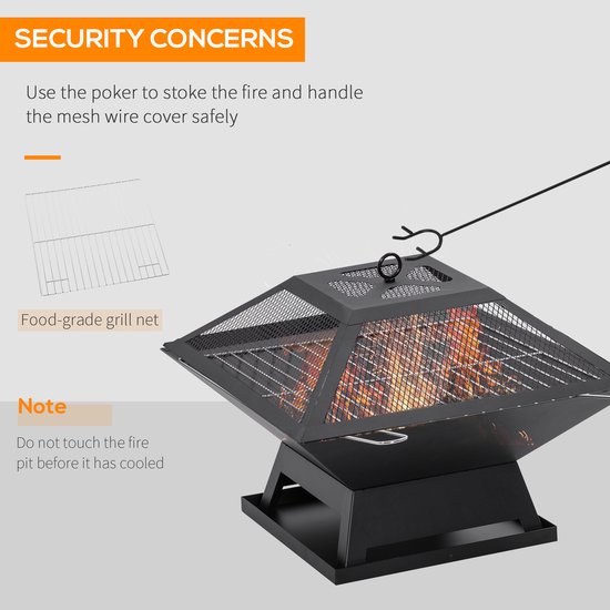 Outsunny vuurschaal met vonkenbescherming grillrooster poker vuurkorf vuurkorf voor in de tuin camping BBQ staal zwart 45 x 45 x 34 cm van Outsunny — afbeelding 2