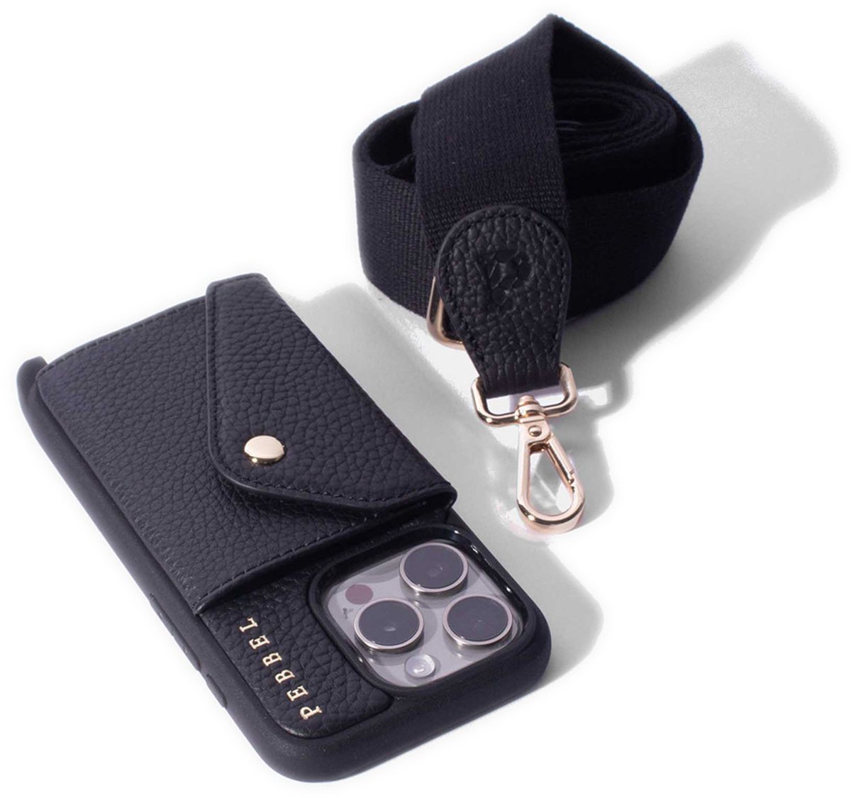 Pebbel Crossbody Hoesje Hailey Zwart - geschikt voor iPhone 16e - Luxe Hoesje met Hailey Koord - Echt Italiaans Leer - Pashouder