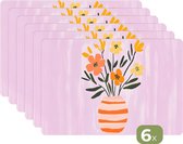 Placemats - 6 stuks - 45x30 cm - Placemat kunststof - Vaas - Gestreept - Bloemen - Oranje - Borden onderleggers - Decoratie voor op tafel - Keuken tafeldecoratie accessoires - Vinyl onderlegger - Tafelversiering