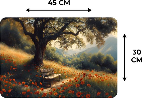 Placemats - 6 stuks - 45x30 cm - Placemat kunststof - Bankje - Boom - Klaprozen - Heuvels - Borden onderleggers - Decoratie voor op tafel - Keuken tafeldecoratie accessoires - Vinyl onderlegger - Tafelversiering