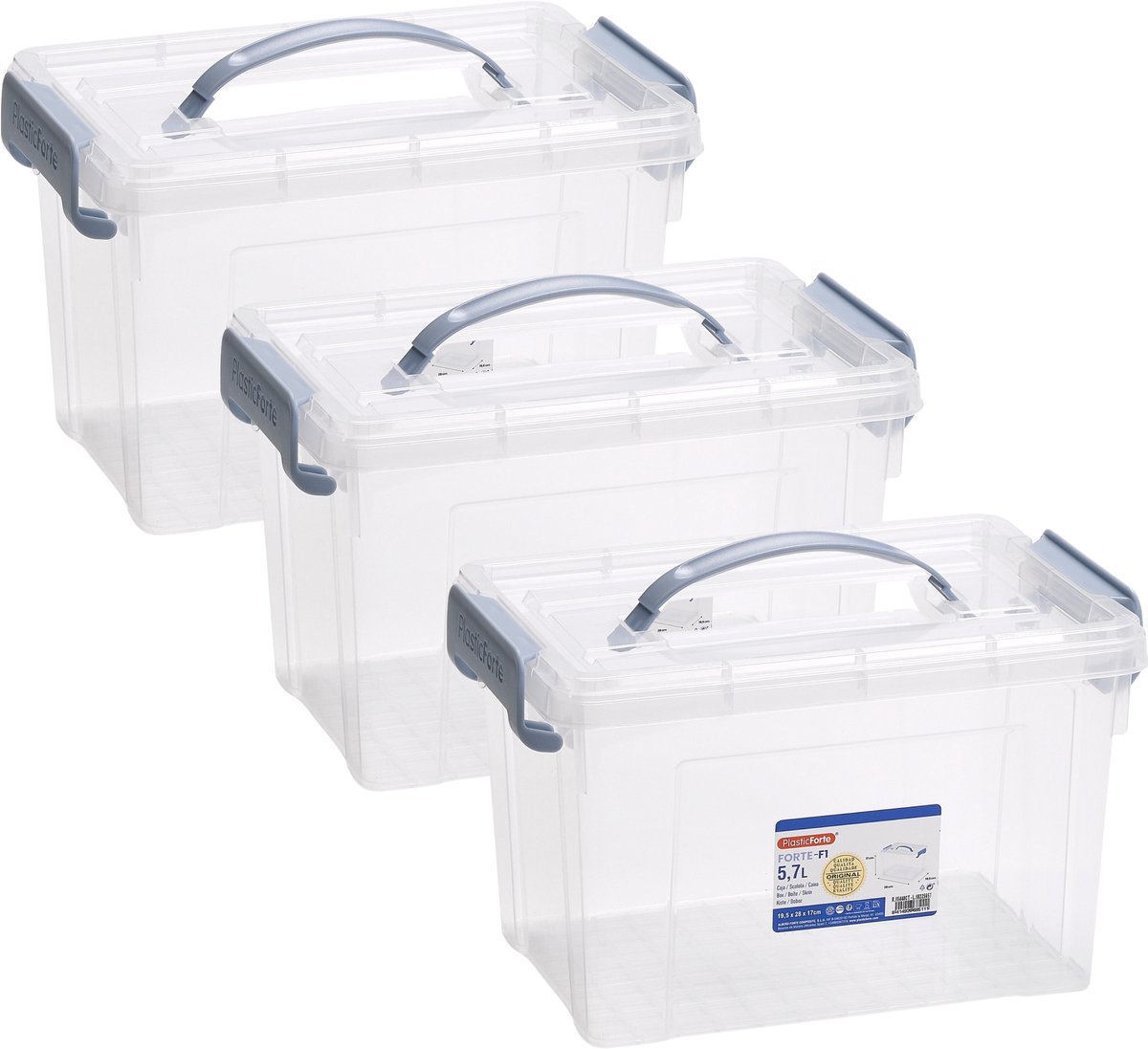 PLASTICFORTE Opslagbox AZUL serie - 3x - met deksel - transparant - 5.7 liter - 28 x 20 x 17 cm - kunststof - opbergdoos - opbergen