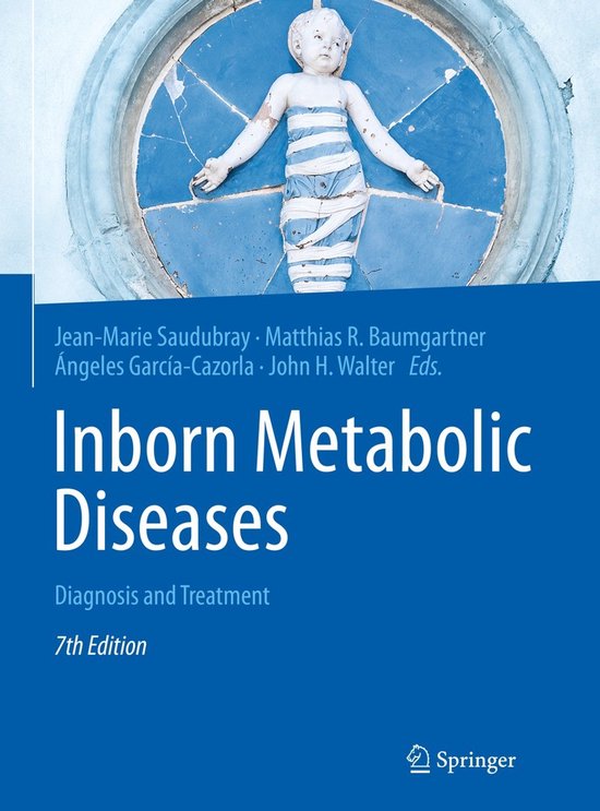 Boekomslag van 'Inborn Metabolic Diseases', 7e editie. Blauw met witte tekst en een afbeelding van een beeldje.