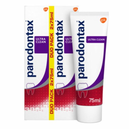 Parodontax Ultra Clean duo pack tandpasta, 2x 75ml. Wit met rode en paarse accenten.