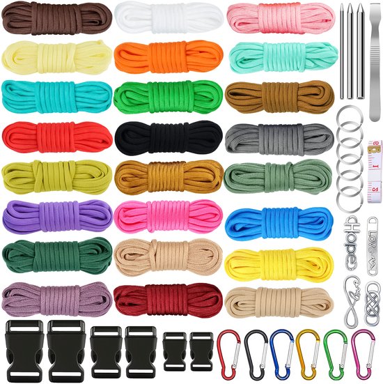 72 meters Paracord Touw Compleet Pakket in 24 Kleuren - 4mm Parakoord 550 met Sluitingen, Karabijnhaak, Sleutelringen, Musketon, Klikgesp - Knutselen Set voor Volwassen, Kinderen, Meisjes - Armbandjes, Lanyard, Sleutelhanger Maken Knutselpakket