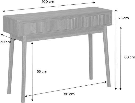 Afmetingen van een houten consoletafel met twee laden: 100cm breed, 75cm hoog en 30cm diep.