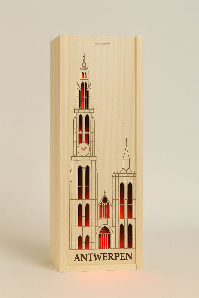 Luxe drankdoos - Antwerpen OLV Kathedraal - Gravure - Zonder LED-verlichting - Geschenkverpakking - Wijndoos - Wijnkist - Ilumiëllo