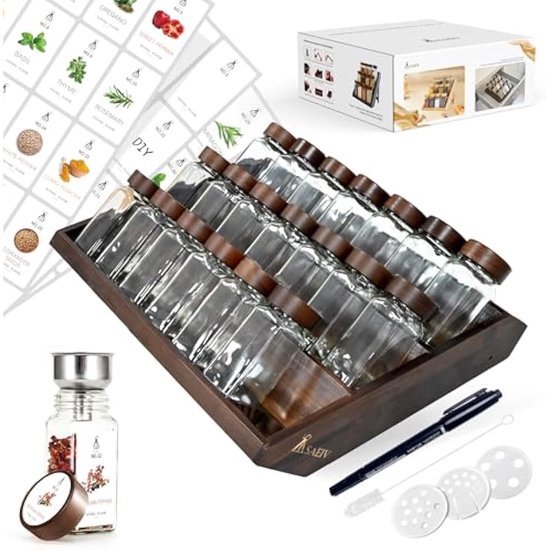 Set van 12 kruidenpotjes met donkerbruine acacia deksels