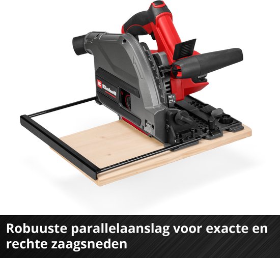 Einhell invalzaag met robuuste paralelaanslag voor exacte en rechte zaagsneden, op een houten plank.