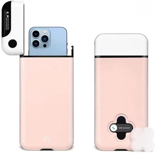Roze telefoonkluis, open met witte bovenkant, telefoon wordt geplaatst. "pv" logo op voorkant.