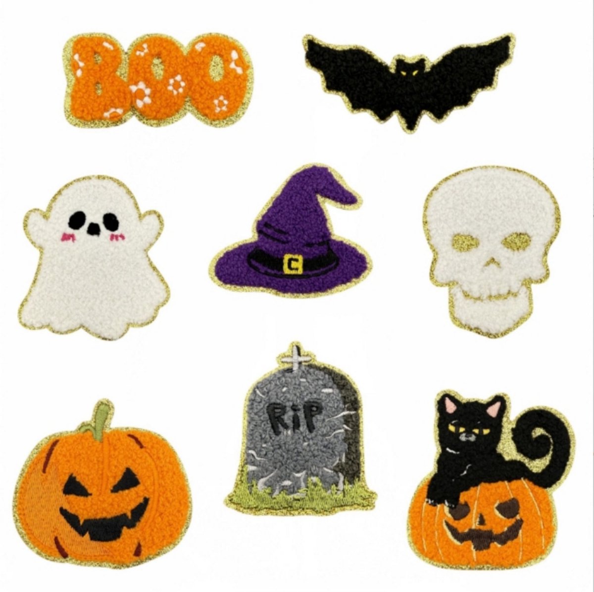 Daity 8-pack Halloween strijkpatches - spookpompoenschedel heksengraf vleermuisspin naaien borduurapplicaties - doe-het-zelf knutselaccessoires borduurserie