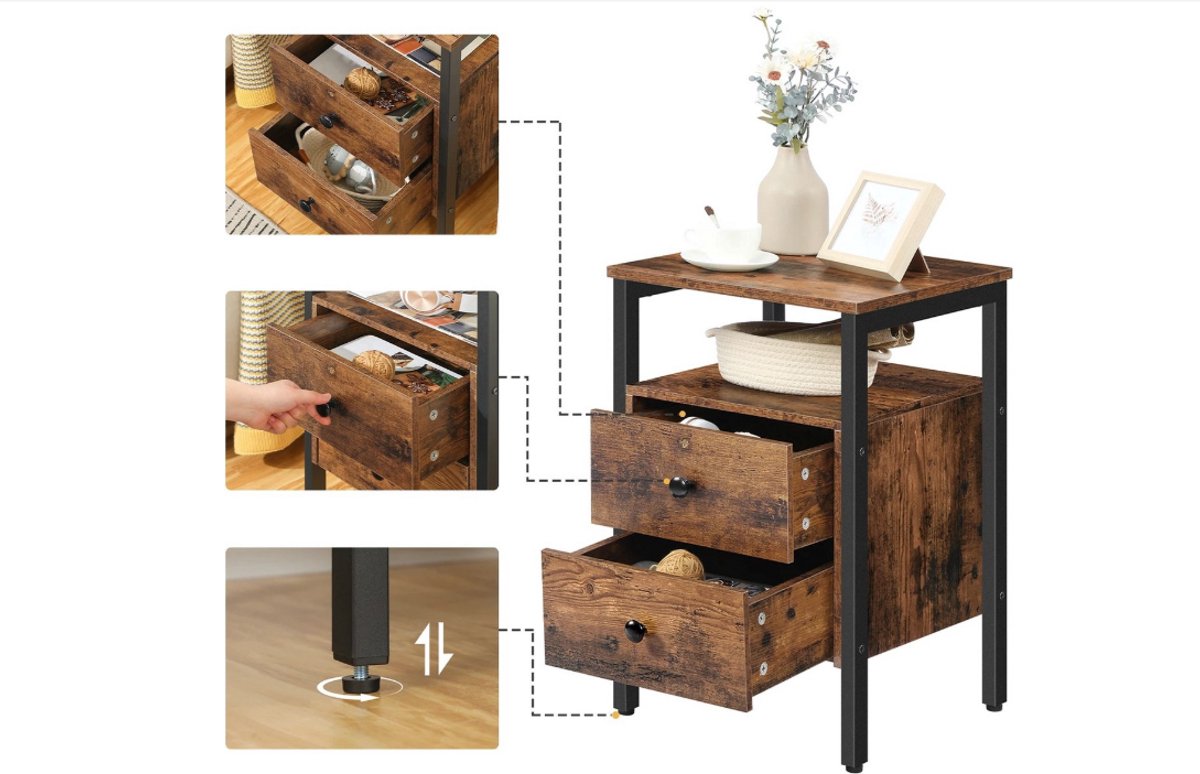 WNHB® Nachtkastje Industrieel Rustic Brown - Bijzettafel met 2 Lades en Opbergplanken 40x40x61 cm Donker Hout