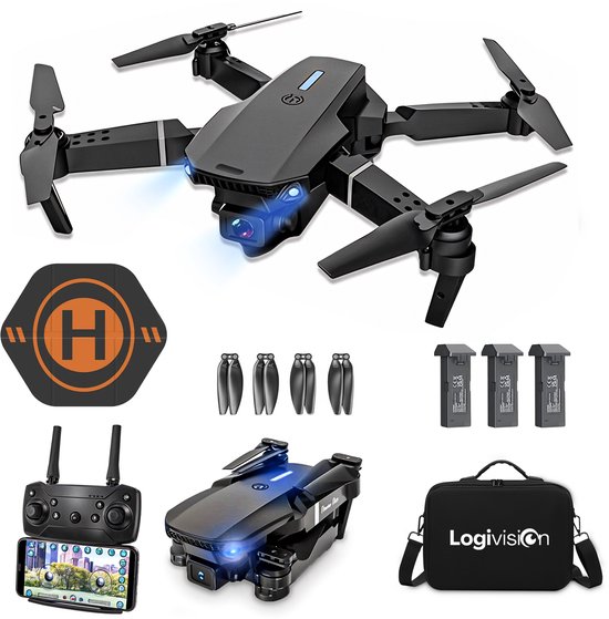 Logivision E88 Drone - Drone met 4K Camera - Mini drone - Drones - Voor Kinderen/Volwassenen - Tot 90 Minuten Vliegen - Inclusief Opbergtas, Landing pad, 3 Batterijen