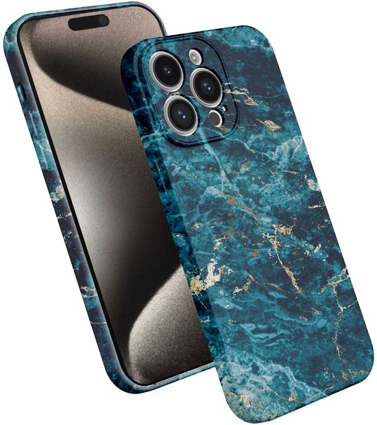 iPhone 15 Pro Max hoesje met een blauw en goud marmerpatroon. Flexibele softcase van TPU.