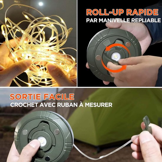 2 Stuks Camping Lichtsnoer 10 M - Warme lichten en Kleur licht - Campingverlichtingssnoer - Lampenslinger - Ambience Strip - 4-in-1 draagbaar - Camplamp - Oprolbaar - Waterdicht - Solar String Lights - Voor kamperen, tuin, decoratie - USB Oplaadbare van Merkloos — afbeelding 3