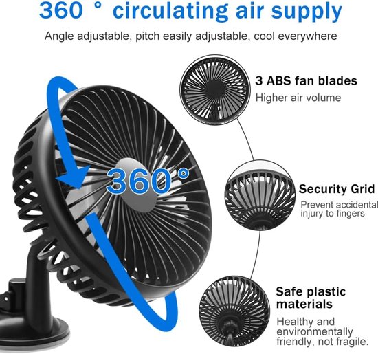 Nieuwe USB Ventilator voor Auto - Draagbare Stoel Ventilator met Sterke Wind en Brede Mond, 3 Verstelbare Snelheden, Rugleuning Koeler voor Auto's, Vrachtwagens, Busjes, SUV's (Cool Black