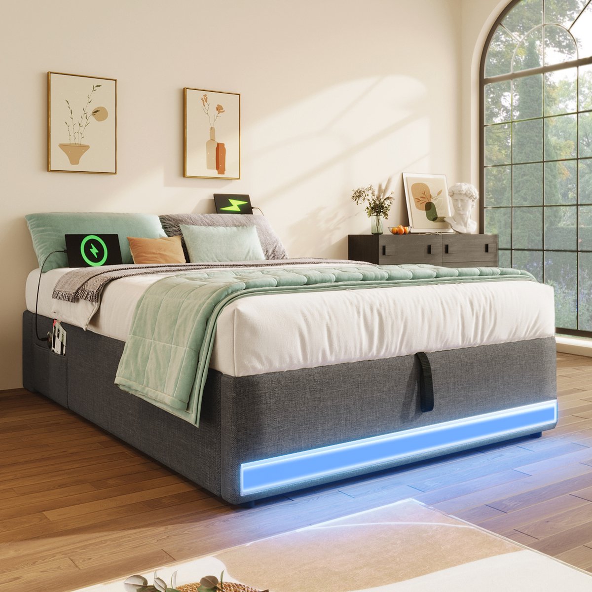 Merax Gestoffeerd bed - 90x200cm - afstandsbediening LED-lichtstrip met USB en Type-C met kleine opbergtas - geen matras - grijs