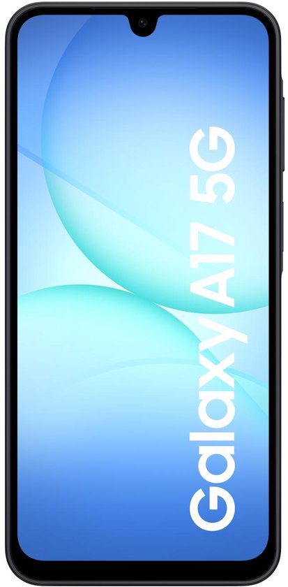 Zwarte Samsung Galaxy A17 5G, voorkant met scherm.