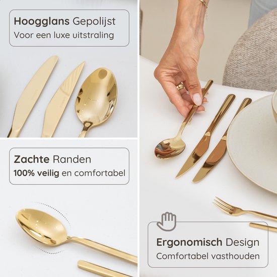 Gouden bestek: lepels, messen, vorken, met hand van vrouw die lepel vasthoudt.