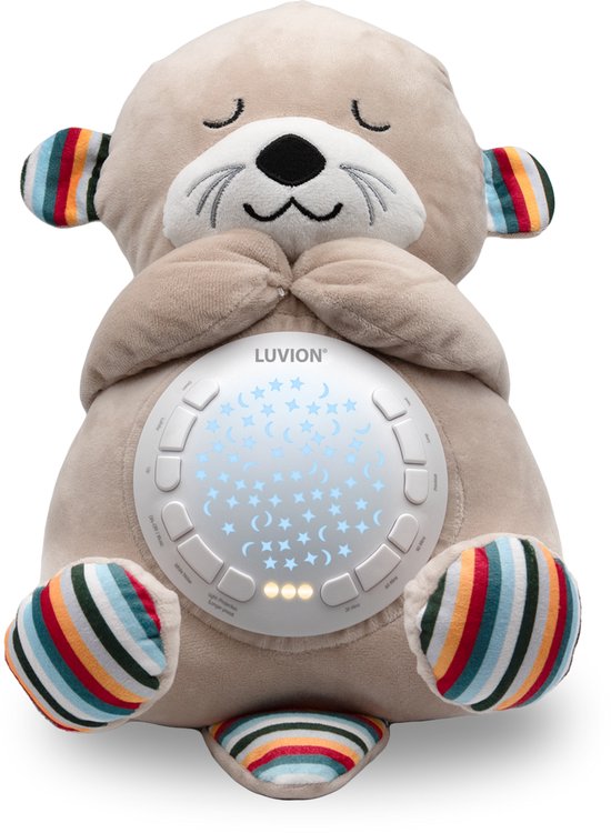 LUVION® Otter Knuffel - Sterrenhemelprojector - White noise machine voor baby en kind - Interactieve knuffel 30cm met hartslag geluid, slaapliedjes en sterrenhemel projector