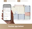 Smartphone met Dreame app-interface voor robotstofzuiger naast een plattegrond.