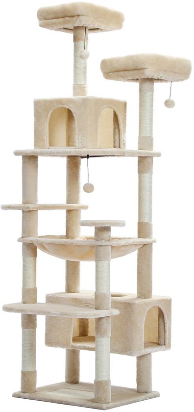Beige kattenboom van 184cm hoog met 4 verdiepingen, 2 paleisjes, hangmat en plateau.