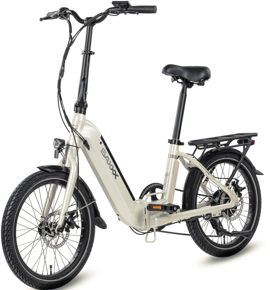 SAXXX Foldi Comfort - Elektrische Fiets - 95% Vooraf Geassembleerd Vouwfiets - 410Wh uitneembare accu - 80 km Actieradius - Shimano Nexus 7-versnellingssysteem - Achterwielmotor 250W - 20 x 2.3" CST - Mechanische schijfrem - Wit