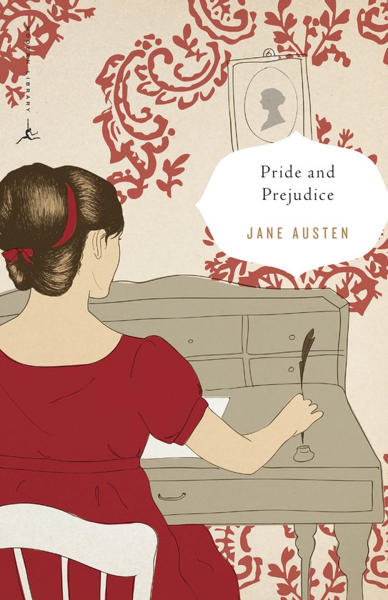 Boekomslag 'Pride and Prejudice' van Jane Austen, met een vrouw in rood aan een bureau.