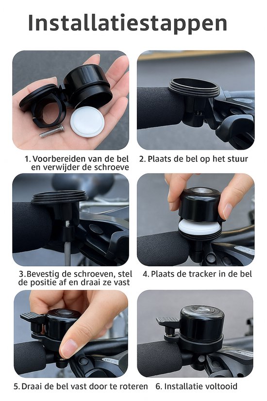 Installatie van een zwarte fietsbel met tracker, stap-voor-stap