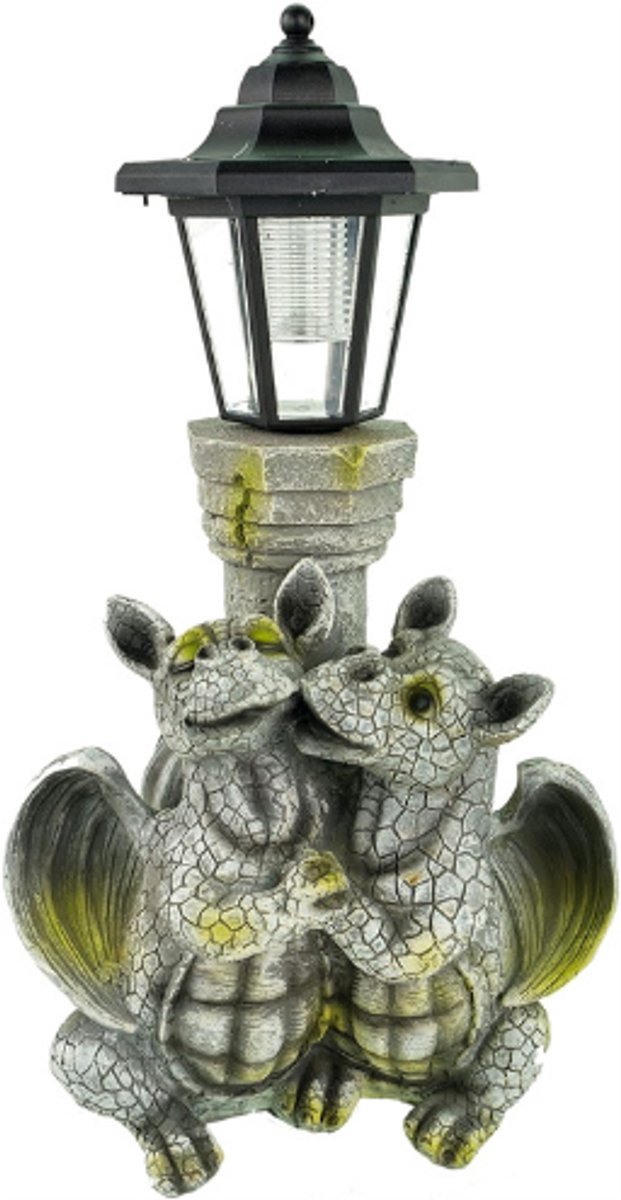 Thuys – Drakenkind Verliefd – Met Solar Lantaarn – 40 cm Draak Figuur Tuinfiguur Decoratie Voor Buiten
