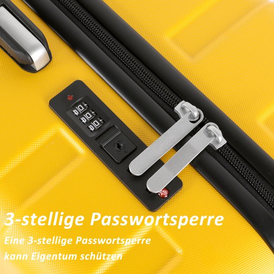 Dichtbij een gele koffer met een zwart cijferslot en een ritssluiting, tekst '3-stellige Passwortsperre'.