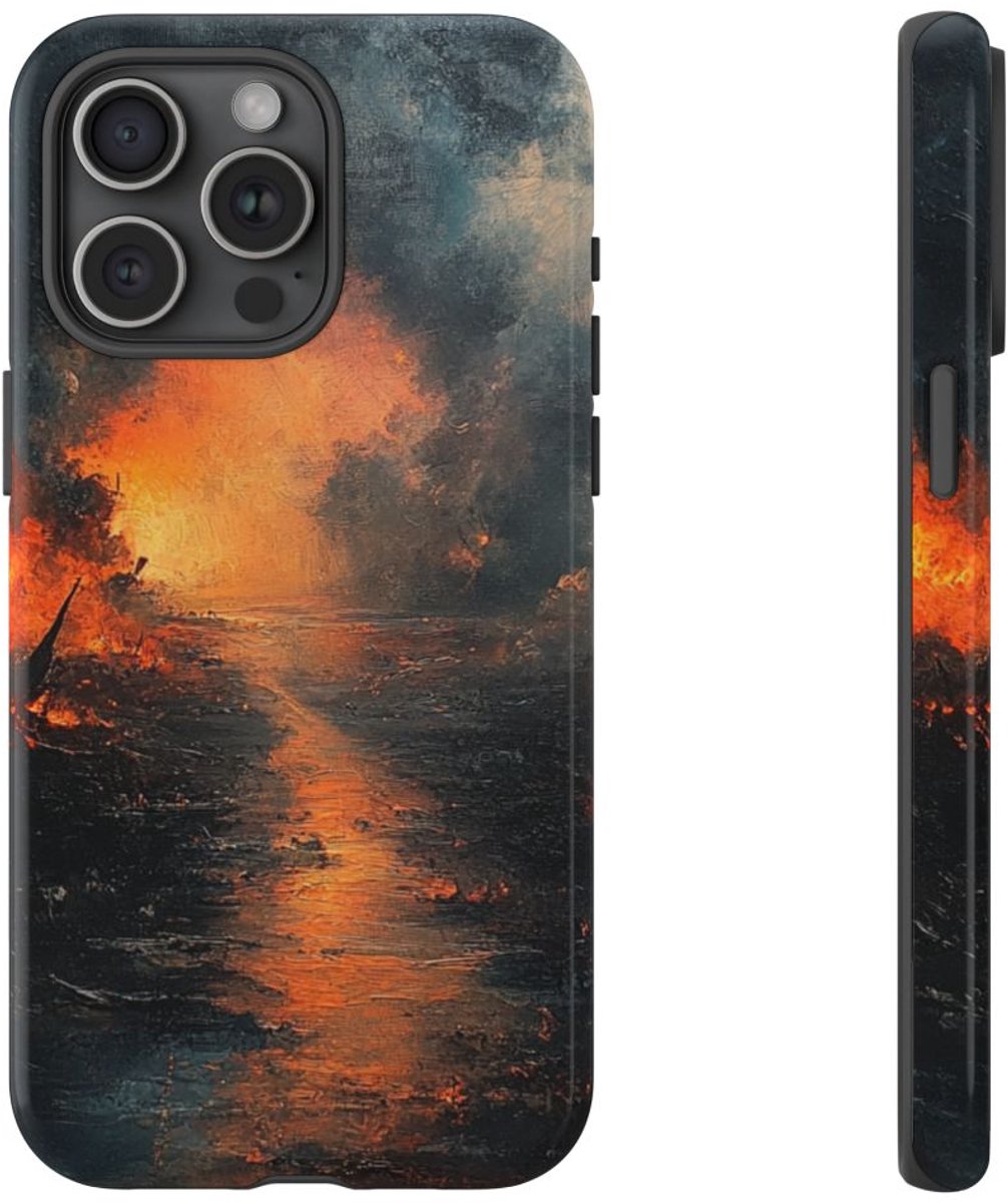 Vurige Oorlogslandschap met Rook – Telefoonhoesje Geschikt voor iPhone 15 Pro Max
