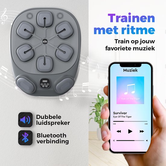 Grijze boksmachine met 6 raakvlakken naast een smartphone die muziek afspeelt. De tekst "Trainen met ritme" en "Dubbele luidsprekers" worden getoond.