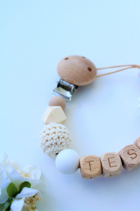 Speenkoord met Naam - BINNEN 24U VERZONDEN! - Beige Wit - Madelief - Gepersonaliseerd - Speenkoord clip - Unisex - Kraamcadeau - Speenketting met Naam - Speenclip - Babycadeau - Babyshower van Merkloos — afbeelding 4