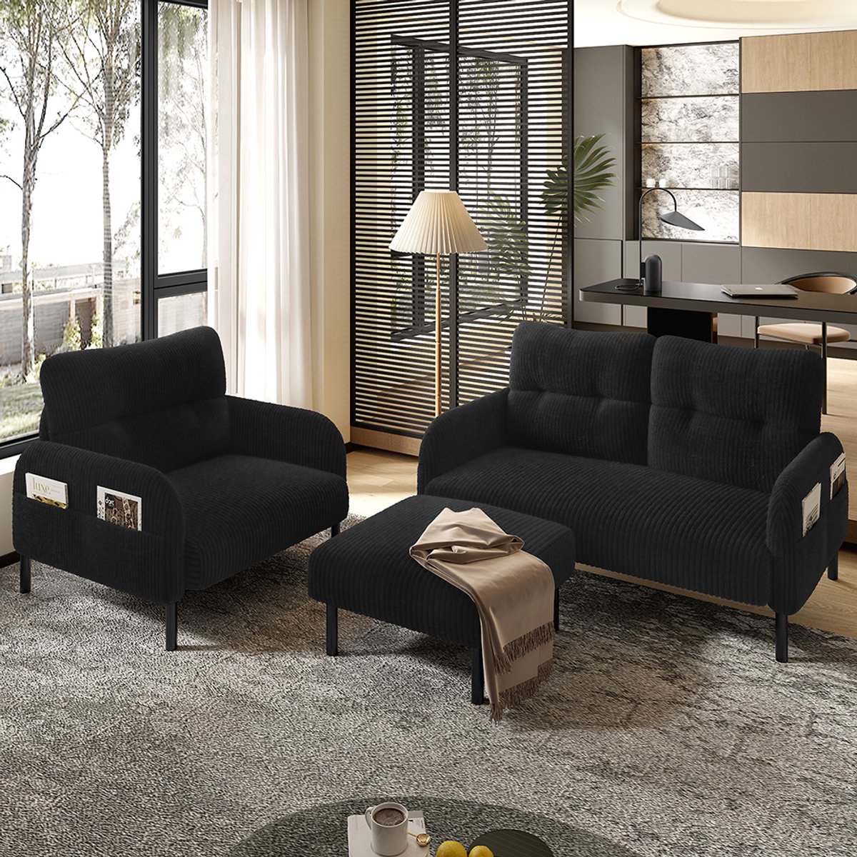 Komhtom 3-delige set Cord: fauteuil + poef + 2-zitsbank met zijvakken Frame van stalen buizen en extra zachte rugleuning Diepe zitting voor maximaal comfort Modulair en combineerbaar voor de woonkamerzwart