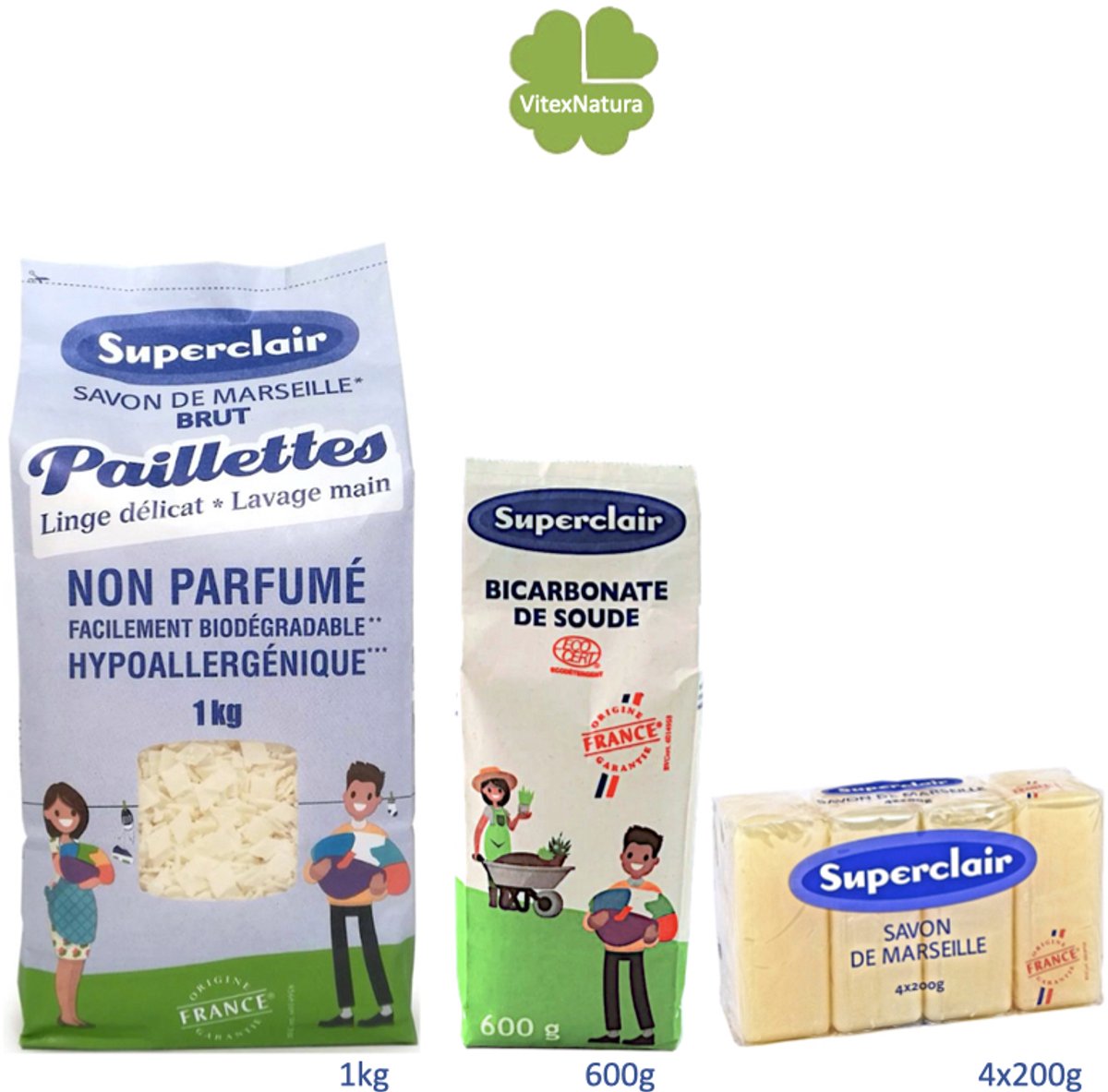 Bio huishoudschoonmaakmiddelen eco pakket. Biologisch ecologisch. Marseille zeepvlokken, Natrium bicarbonaat poeder en Glycerine zepen.