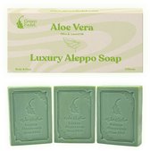 GREEN FADEL (Luxury) Aleppo Zeep Origineel met Aloë Vera, 3 Stuks, Aleppo Zeep Olijfolie & Laurierolie, Olijfoliezeep, Natuurlijke Zeep, Luxury Aleppo Soap, voor Gezicht & Lichaam