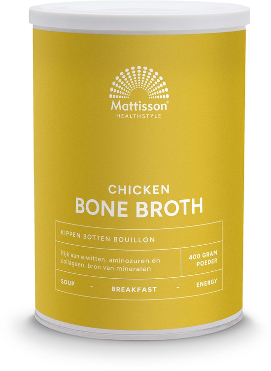 Gele blik met Mattisson Chicken Bone Broth, 400 gram poeder. Rijk aan eiwitten, aminozuren en collageen.