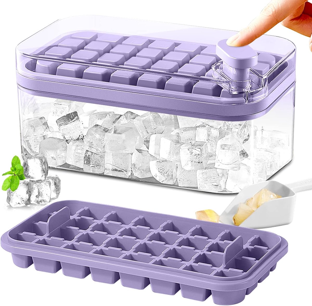 IJsblokjesvorm met deksel en bak voor vriezer, 2-pack, 64 stuks ijsblokjesvorm (paars)