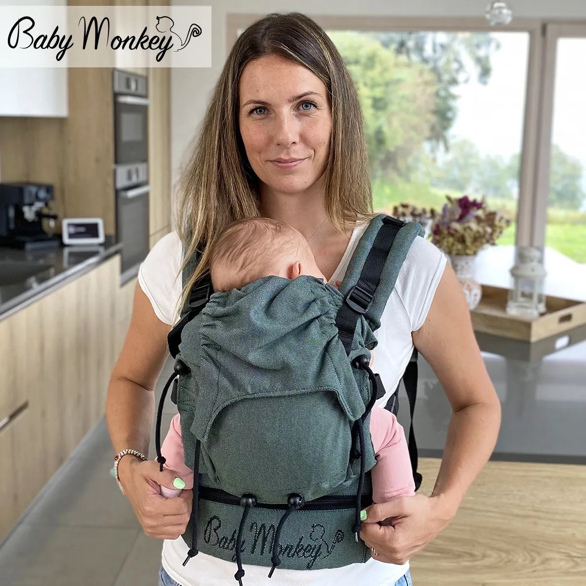 BabyMonkey® Regolo - Baby Draagzak | Ergonomische | 100% katoen | Pasgeboren (0-24 maanden) | 100% Made in Italy | Donker groen