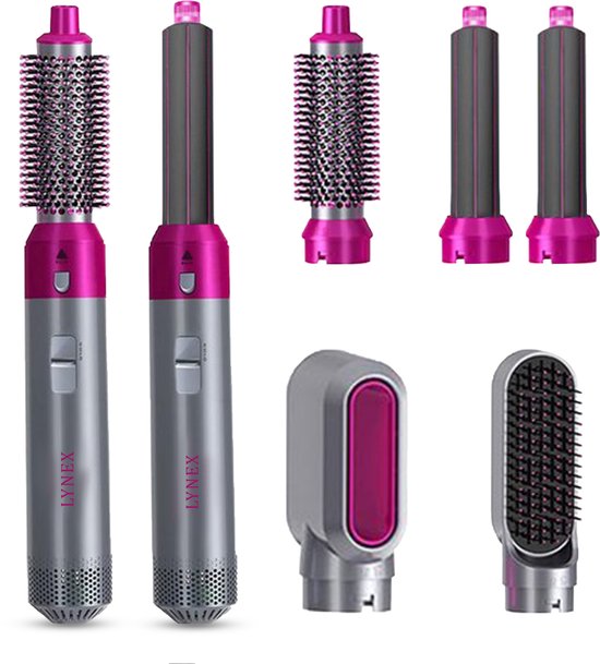 Fer à boucler LYNEX Airstyler 5 en 1 - Multistyler - Brosse sèche-cheveux - Multistyler 5 en 1 - Modèle 2025 - Fer à lisser - Bandeau - Sèche-cheveux avec brosse - Roses et Argent avec rasage à la main