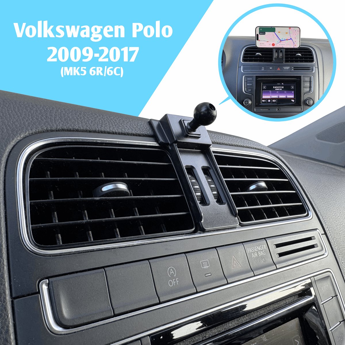 Telefoonhouder adapter compatibel met Volkswagen Polo 2009 2010 2011 2012 2013 2014 2015 2016 2017 VW Polo MK5 / 6c / 6r - voor telefoonhouder / accessoires / Carplay scherm / Android Auto scherm