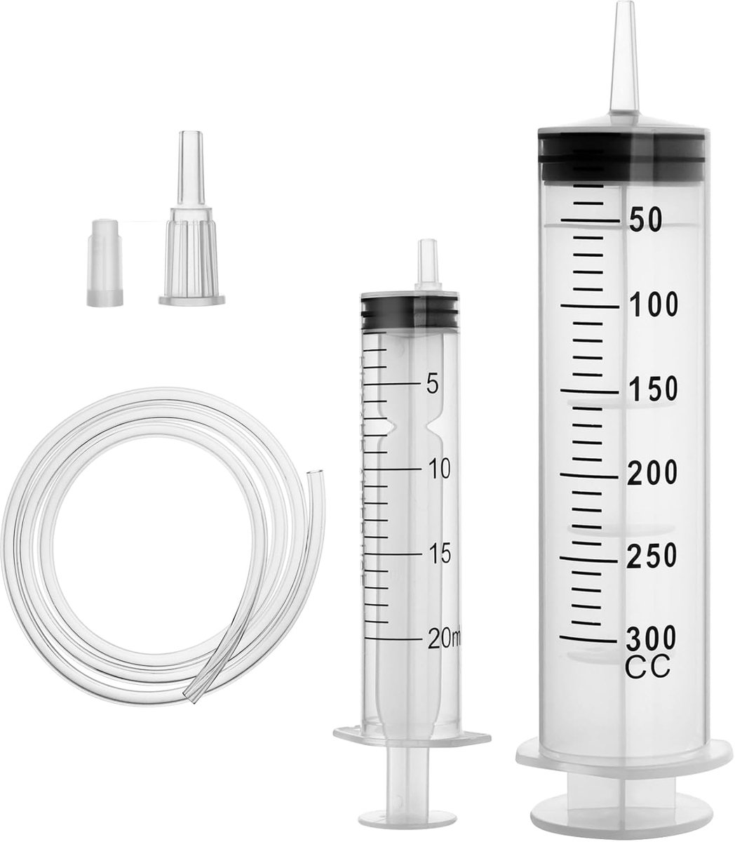 TRANKIELO® – Grootformaat Spuiten Set van 300ml & 20ml – Wegwerpspuiten met 1m Slang – Voor Laboratorium, Motorolie & Koelvloeistof Toepassing