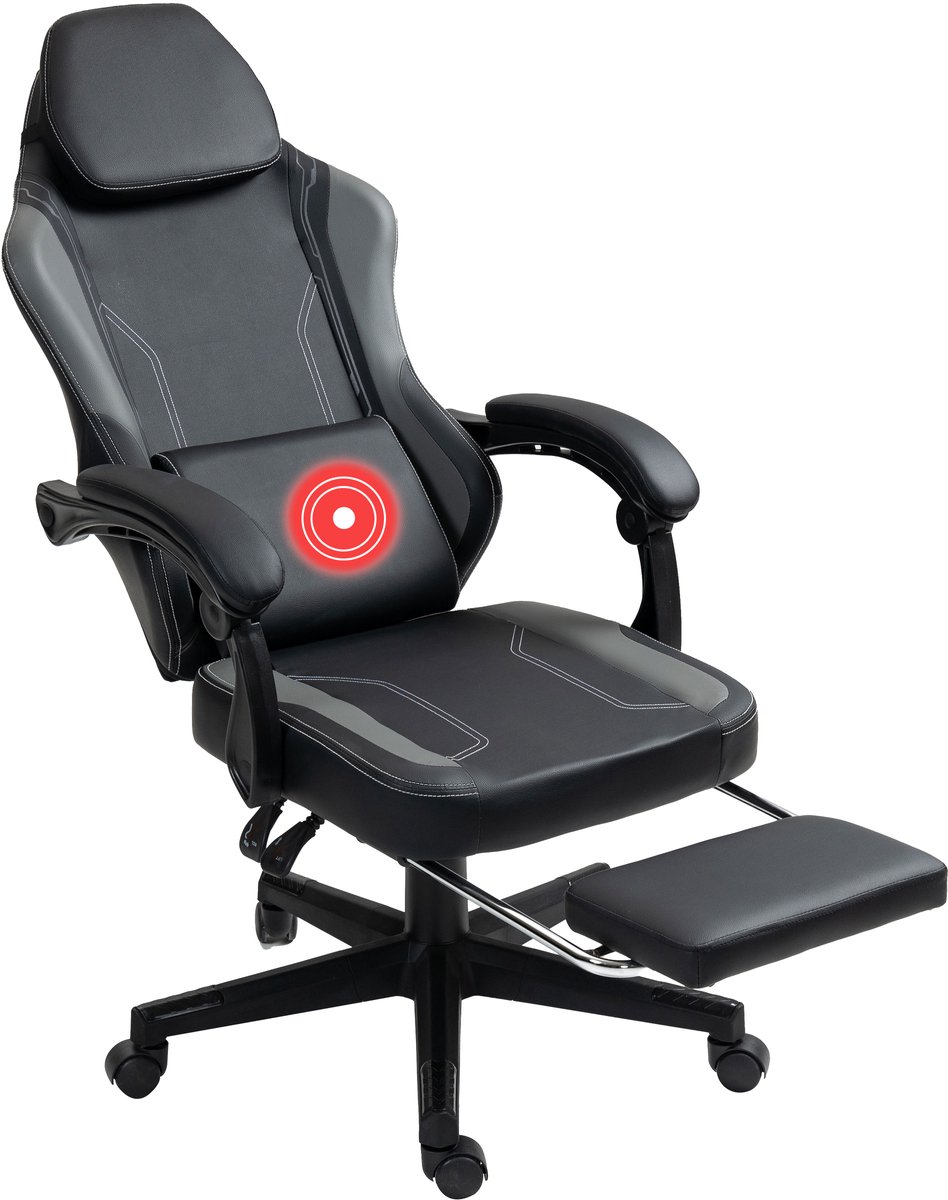 VDD Gaming - Gamestoel met massagefunctie en voetsteun - Gaming chair in de kleur Zwart/Grijs - Game stoel met nekkussen & verstelbaar rugkussen - Ergonomische bureaustoel met padded armsteunen - Max draagvermogen 150 kg - Verstelbare ruggensteun