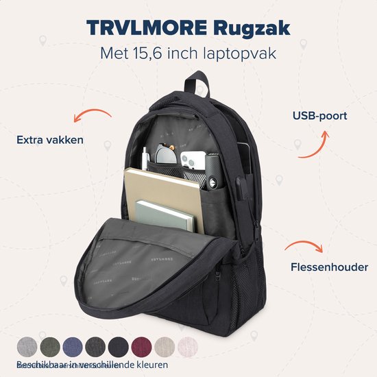 Zwarte rugzak met open vakken, laptopvak, USB-poort en flessenhouder. Tekst: "TRVLMORE Rugzak", "Met 15,6 inch laptopvak", "Extra vakken", "USB-poort", "Flessenhouder". Kleuren: grijs, groen, blauw, zwart, bordeaux, beige.