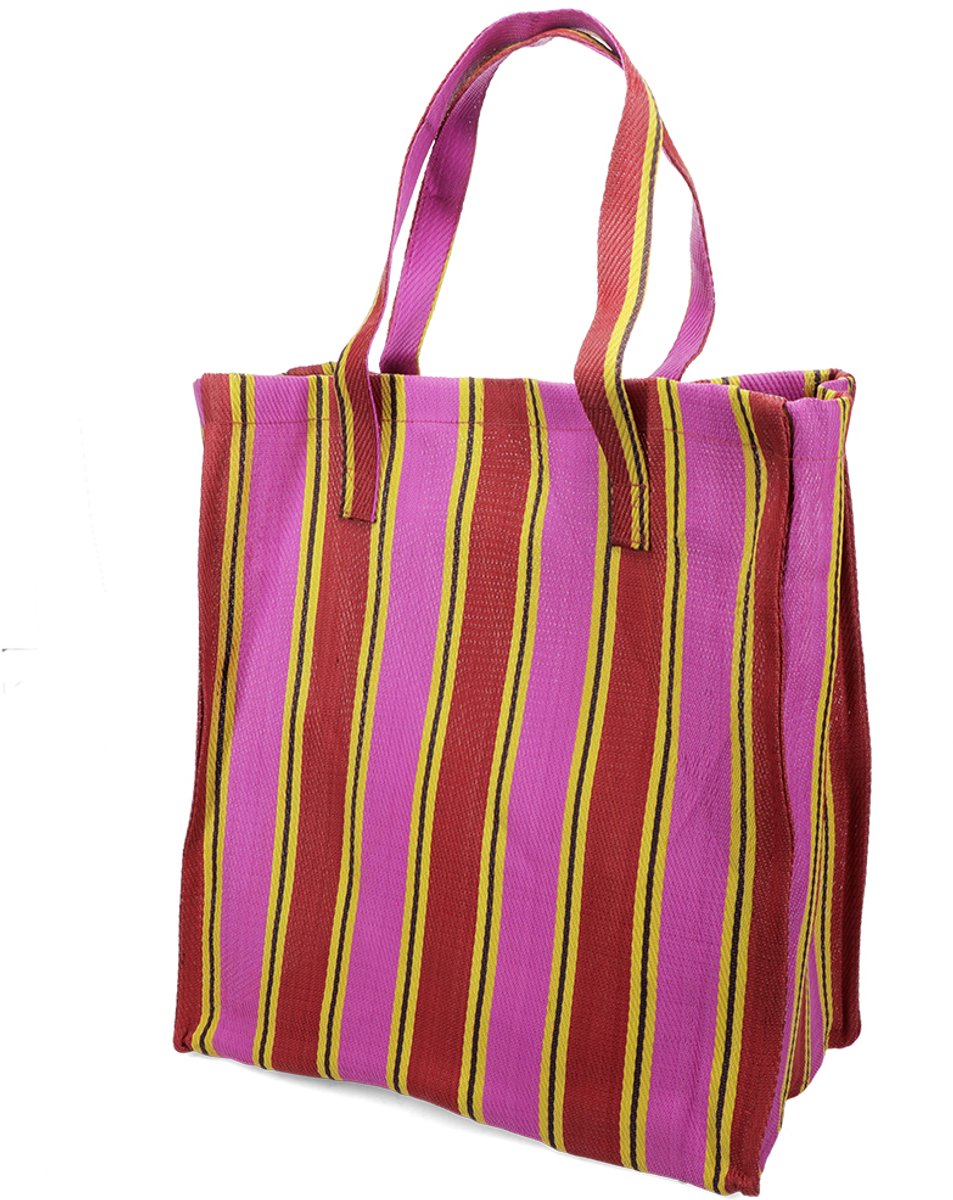 Shopper gerecycled plastic 37x18x59cm fuchsia-rood-geel gestreept